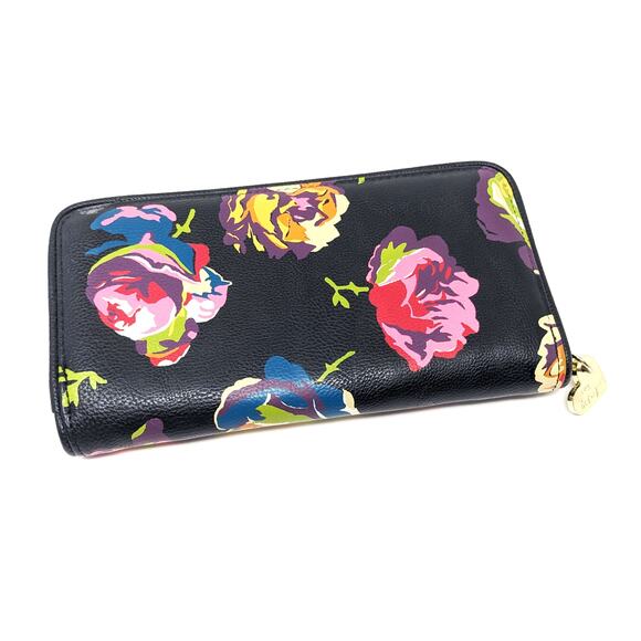 Betsey Johnson Womens Wallet Black Floral Colorful Gold Zip Around Vintage Y2K - Picture 2 of 7